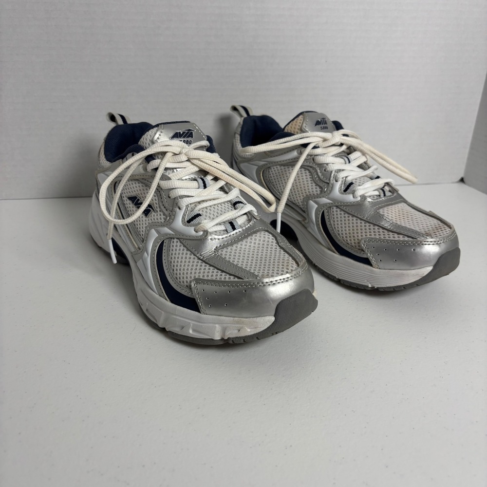 Avia 5000 Running Shoes Womens 7 Silver White Navy Mesh Athletic Sneakers